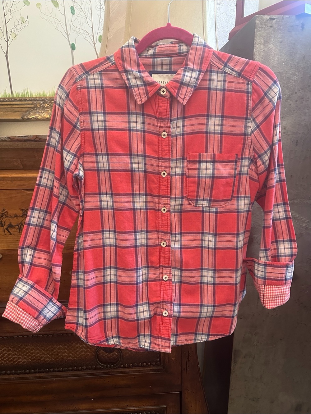 Forever 21 Coral Plaid Button-Up Shirt